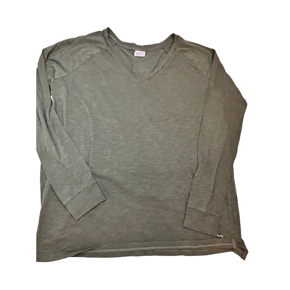 PINK Victoria's Secret Long Sleeve Tee Women Medium Olive Green Slub Knit V-Neck